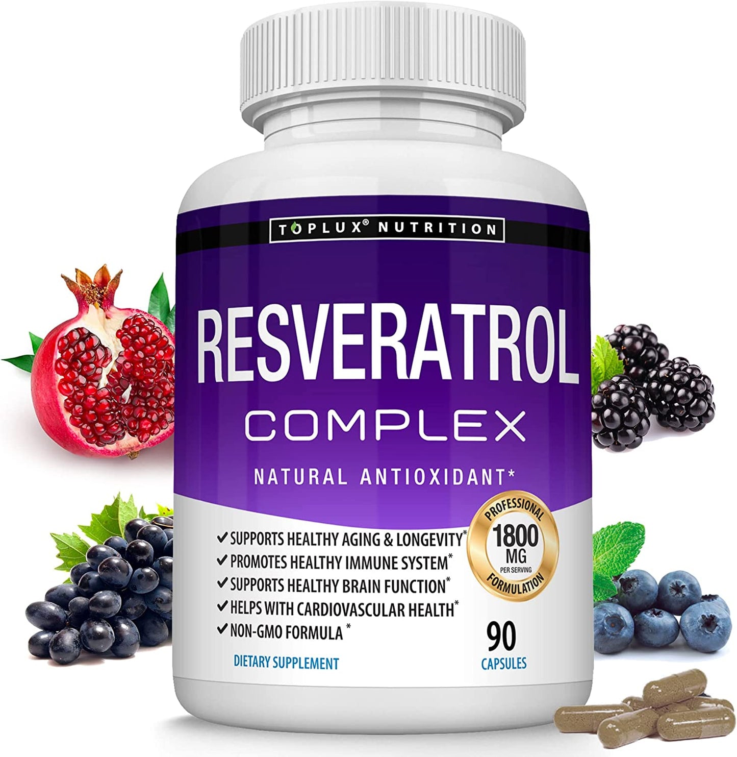Toplux Nutrition Resveratrol Complex Natural Antioxidant 1800mg 90 Capsules