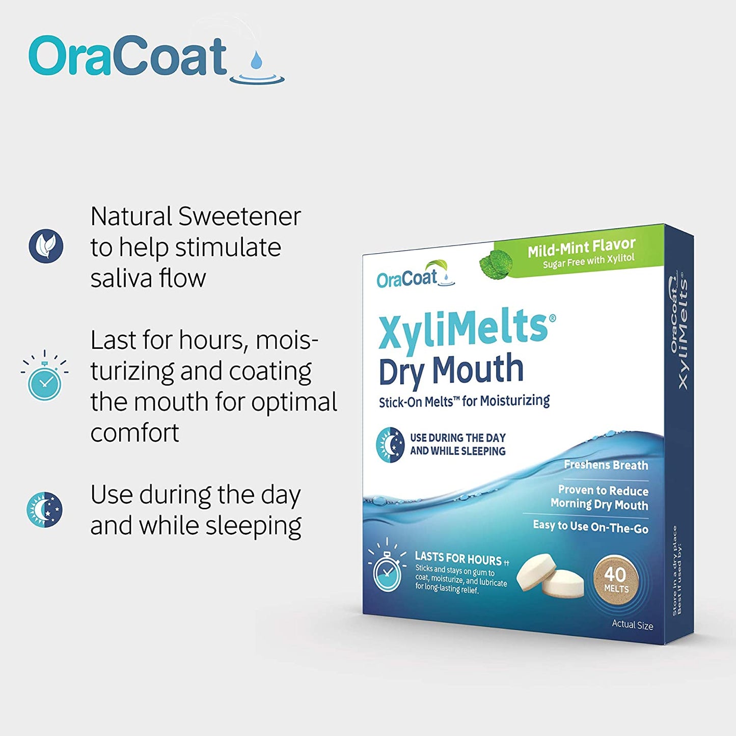 OraCoat XyliMelts Dry Mouth Stick-On Melts for Moisturizing Mild-MInt Flavor Sugar Free with Xylitol, 40 Melts