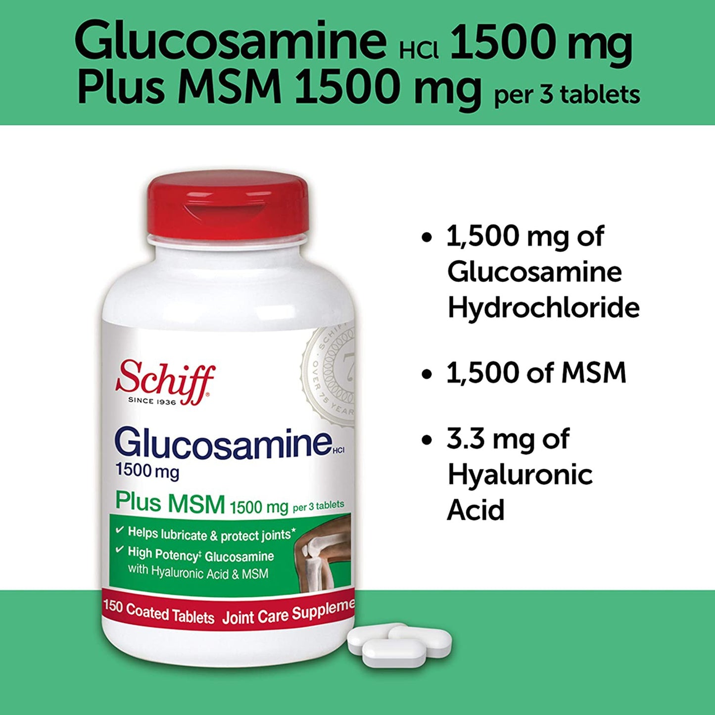 Schiff Glucosamine 1500mg Plus MSM and Hyaluronic Acid, 150 Tablets