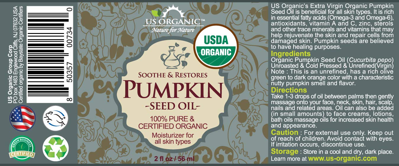 US Organic Soothe and Restores Pumpkin Seed Oil, 100% Pure & Organic, 2 fl.oz / 56 ml