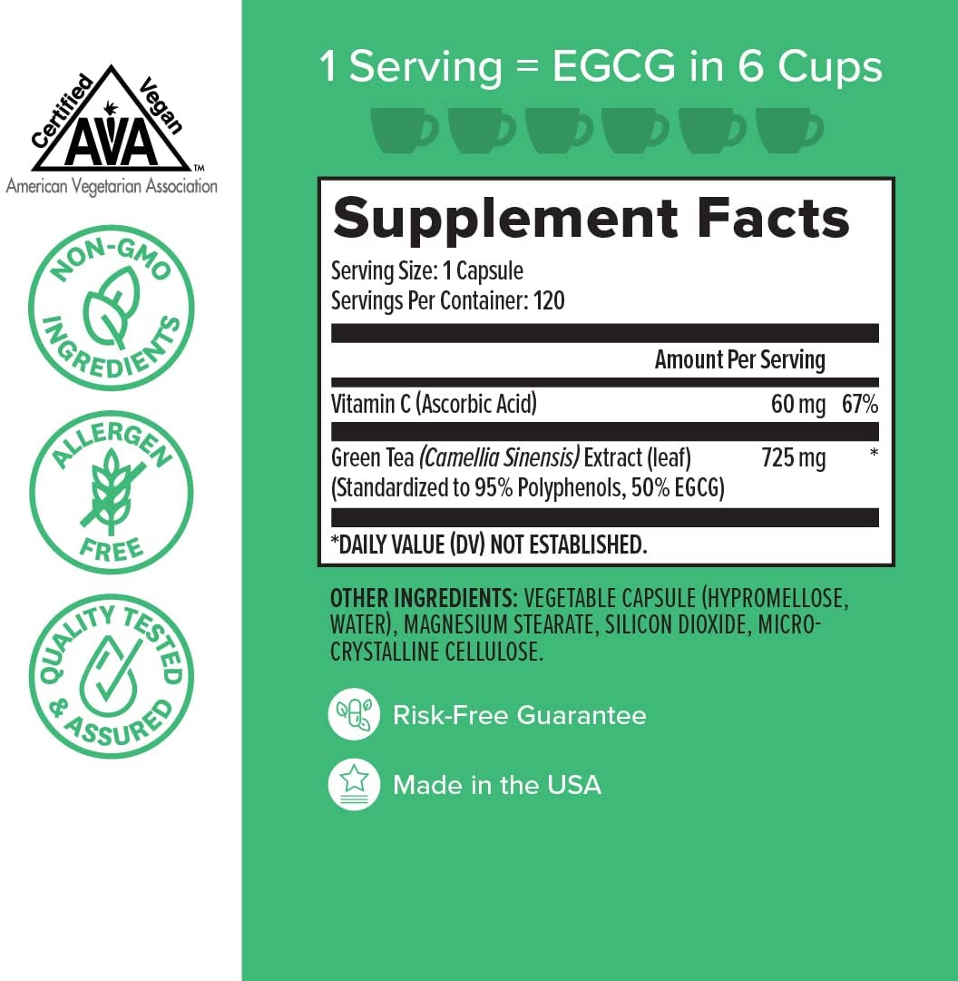 Zenwise Health Decaffeinated Green Tea Extract with EGCG + Vitamin C 120 Vegetarian Capsules