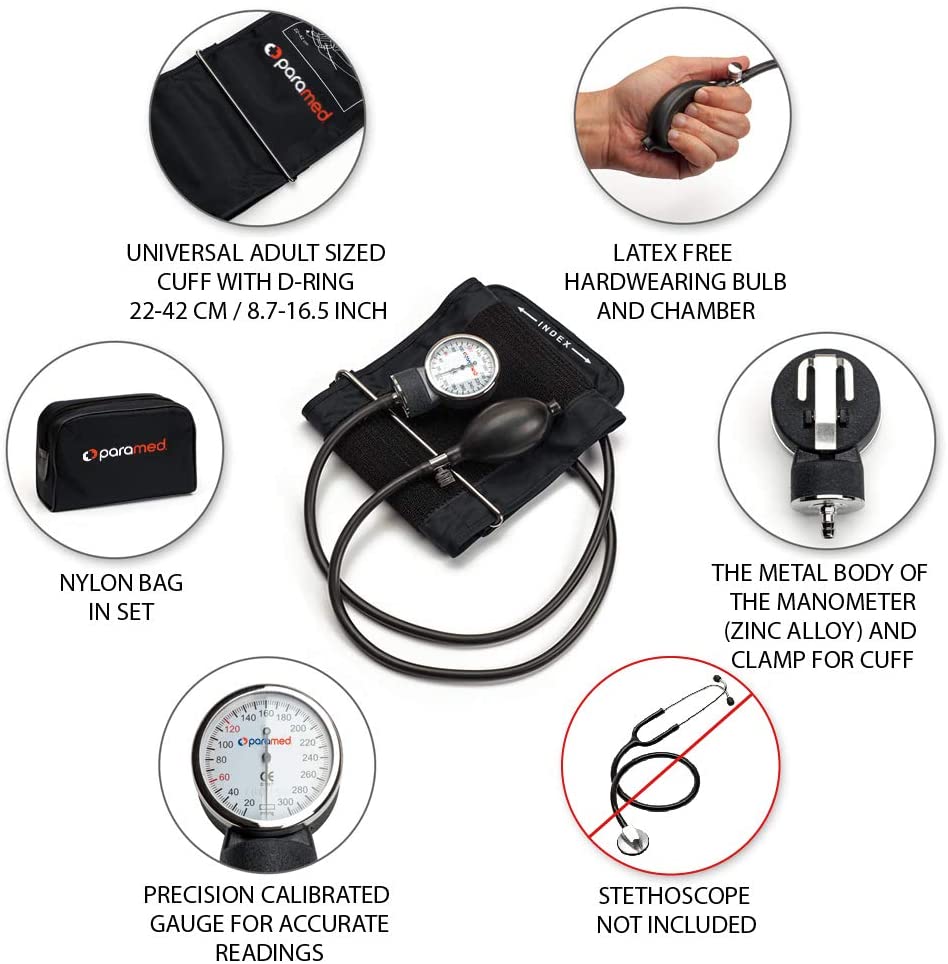 PARAMED Manual Blood Pressure Cuff with Universal Cuff 8.7 - 16.5" & D-Ring, Carrying Case In The Kit, Black (MAX02)