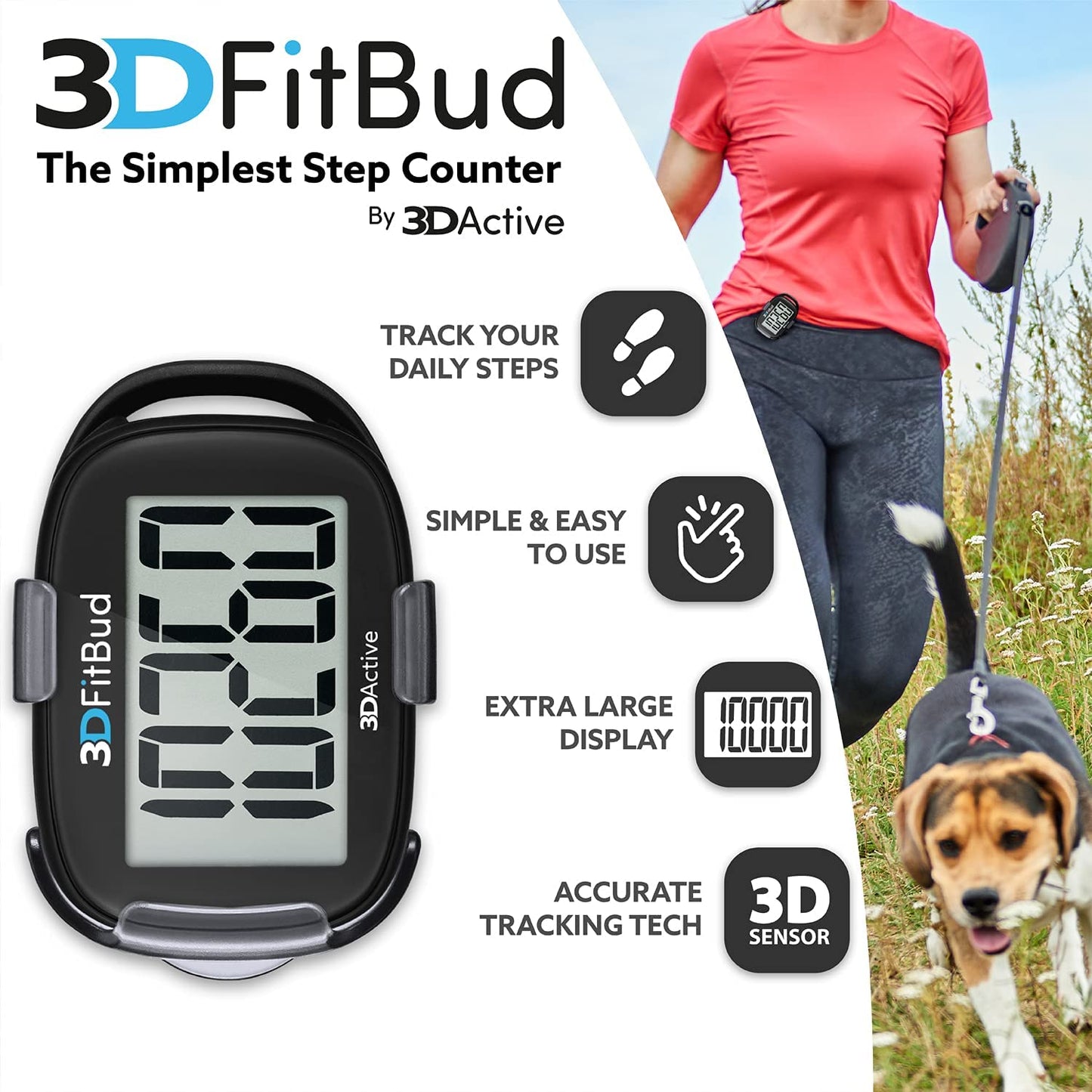 3DFitBud Simple Step Counter (A420S) Walking 3D Pedometer with Clip and Lanyard, Black by 3DActive