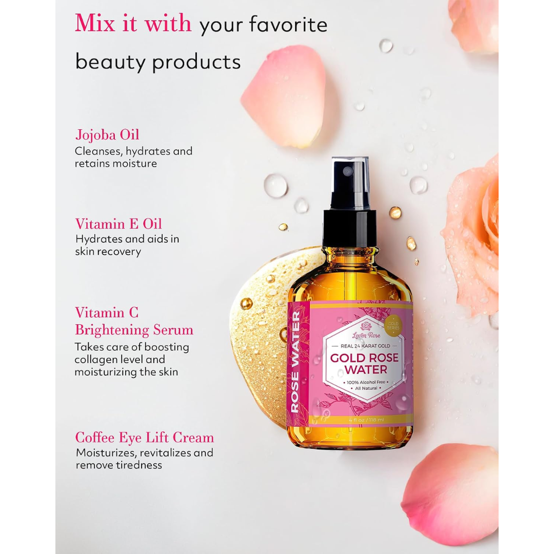 Leven Rose 24k Gold Rose Water Toner, 4 oz / 118 ml