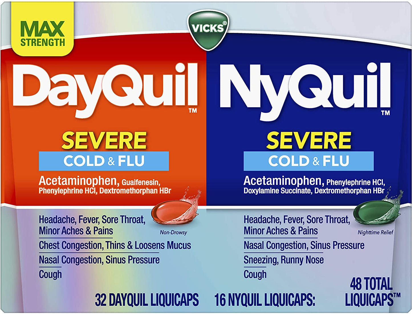 Vicks DayQuil and NyQuil SEVERE Cough, Cold and Flu Relief, 48 LiquiCaps (32 DayQuil and 16 NyQuil)