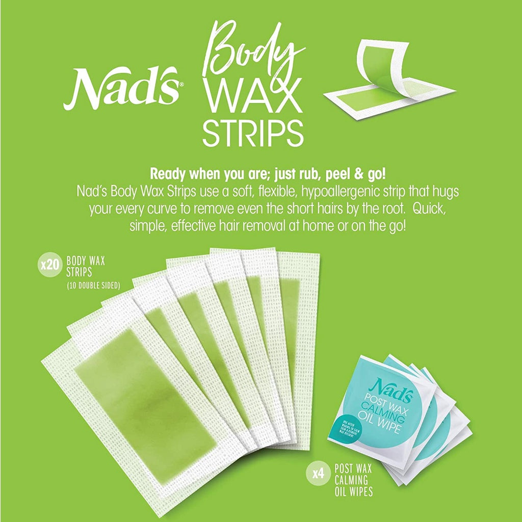 Nad's Body Wax Strips Hair Removal + 4 Calming Oil Wipes For Women, 20 Strips