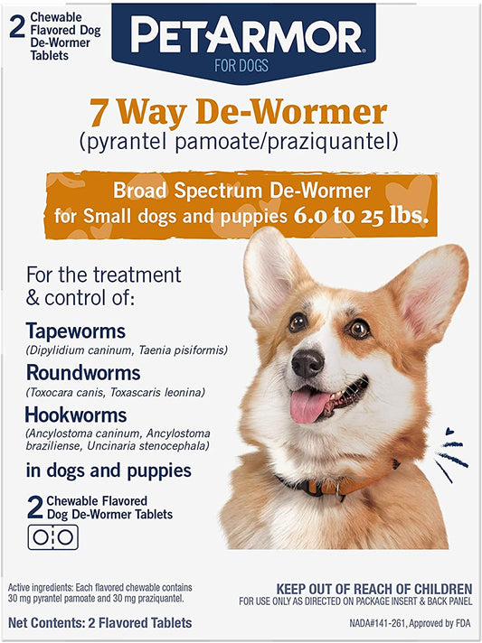 PetArmor 7 Way De-Wormer 30mg for Small Dogs & Puppies (6.0 to 25 lbs.) 2 Flavored Chewables