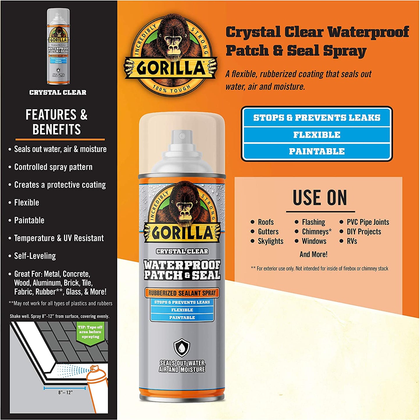 Gorilla Crystal Clear Waterproof Patch & Seal Rubberized Sealant Spray 14 oz (Packaging May Vary)