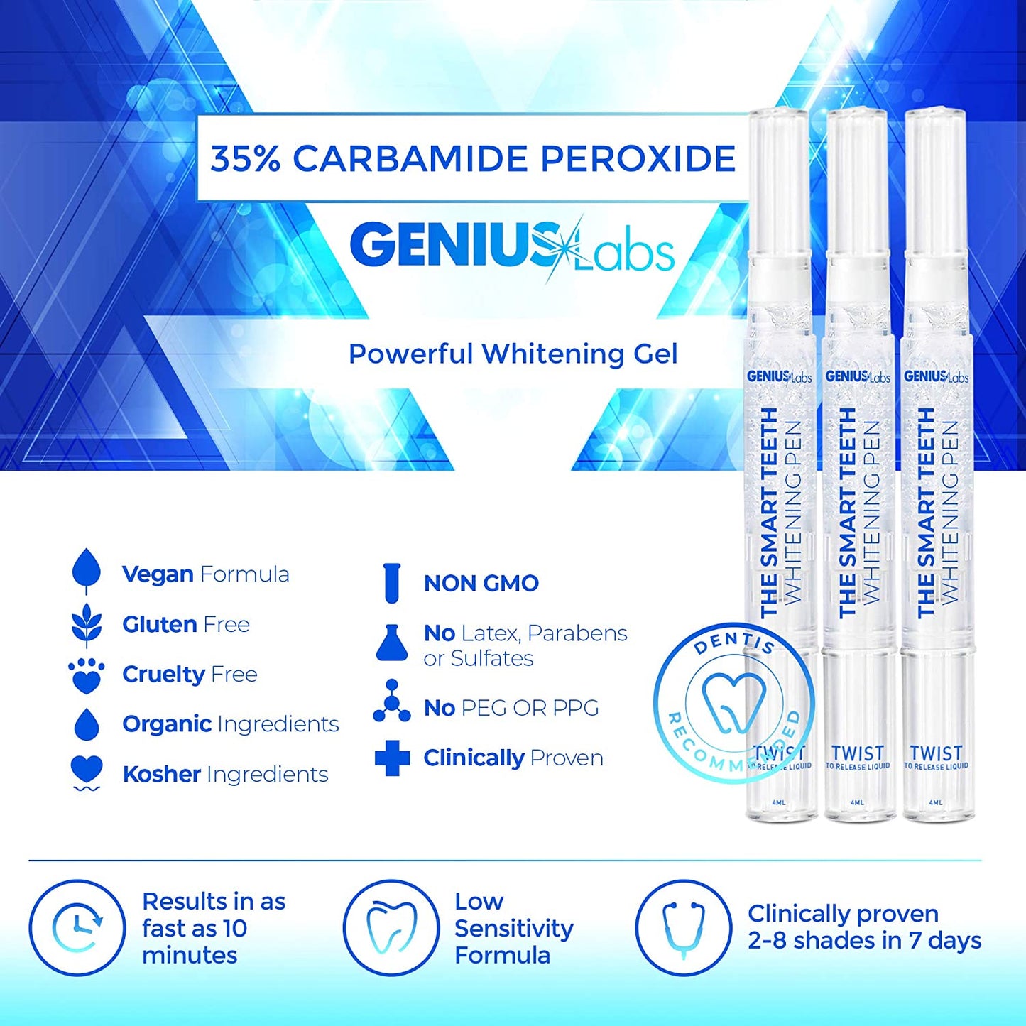 GENIUSLabs Teeth Whitening Kit, 16X LED Professional light for Whiter Teeth, 10 minute treatment