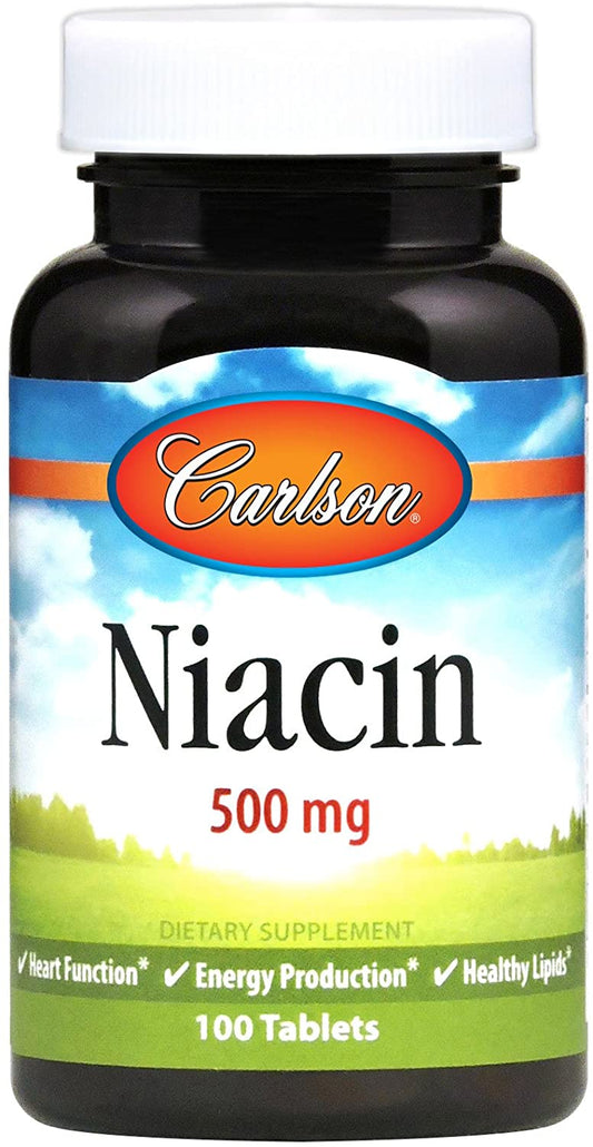 Carlson Niacin Vitamin B3, Supports Cholesterol Metabolism, Energy Production, Heart Health, Nerve Function, 100 Tablets