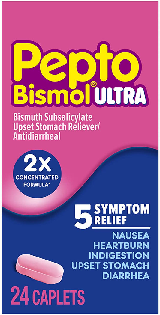 Pepto Bismol Ultra, 2x Concentrated Formula, 5 Symptoms Relief, 24 Caplets