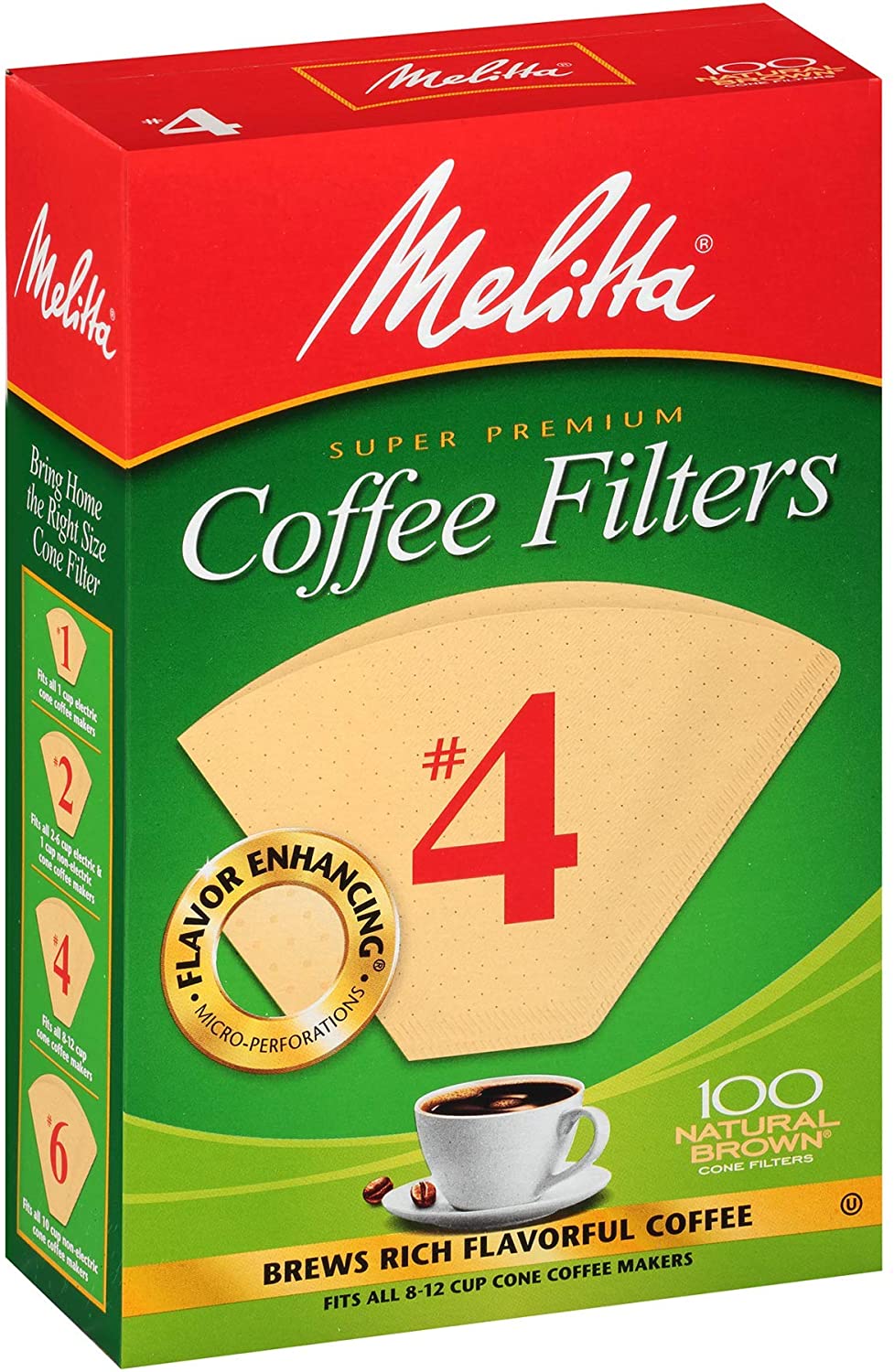 Melitta Super Premium #4 Coffee Filters, 100 Natural Brown Cone Filters (Fits all 8-12 Cup Cone Coffee Makers)