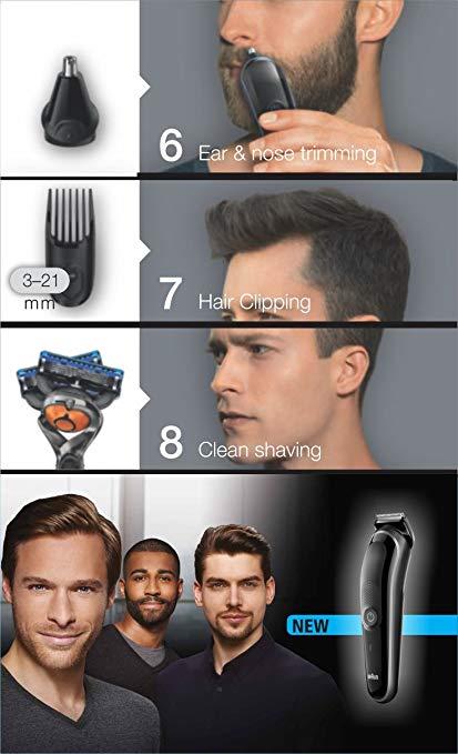 Braun MGK3060 8-in-1 All-in-One Beard Trimmer for Men, Cordless Hair Clipper, Black/Grey, with 6 Attachments and Gillette ProGlide Razor