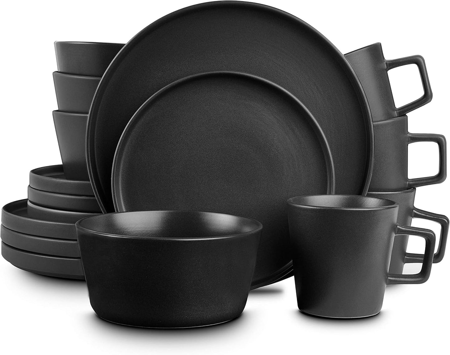 Stone + Lain Stoneware Coupe, Dinnerware Set Matte Black, 16-Piece