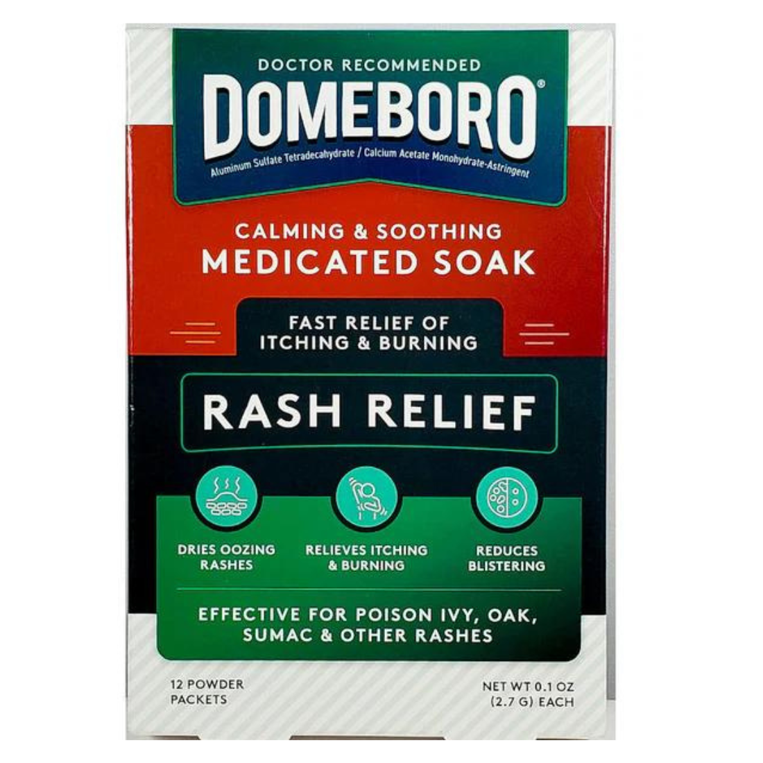 Domeboro Calming & Soothing Medicated Soak Rash Relief Plus Drying Action for Poison Ivy, Oak & Other Rashes, 12 Powder Packets (0.1 oz. / 2.7 g) Each