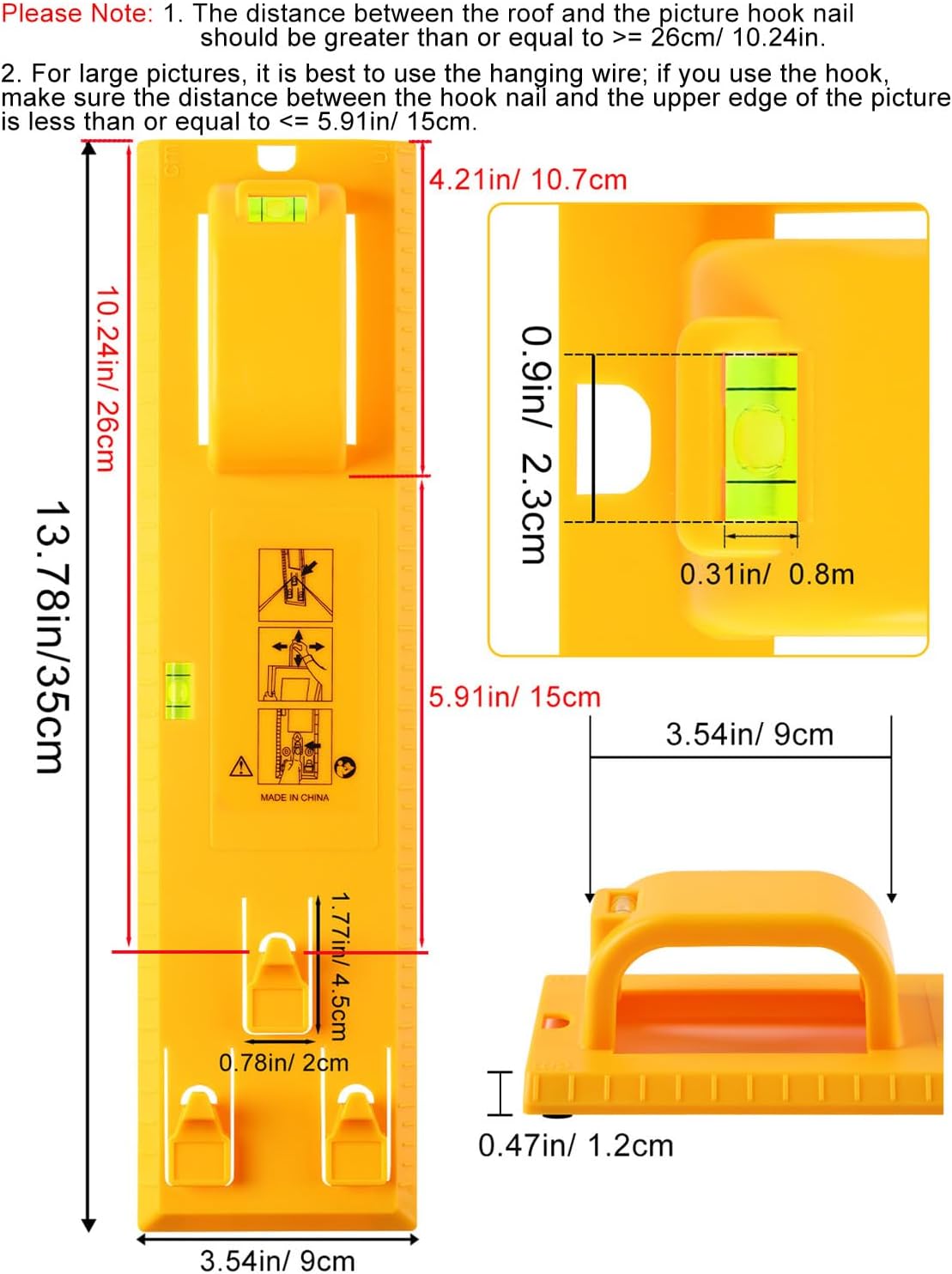 Picture Hanging Tool with Level, Goodsnova Photo Frame Hanging Tool for Easy Marking Position, (Yellow)