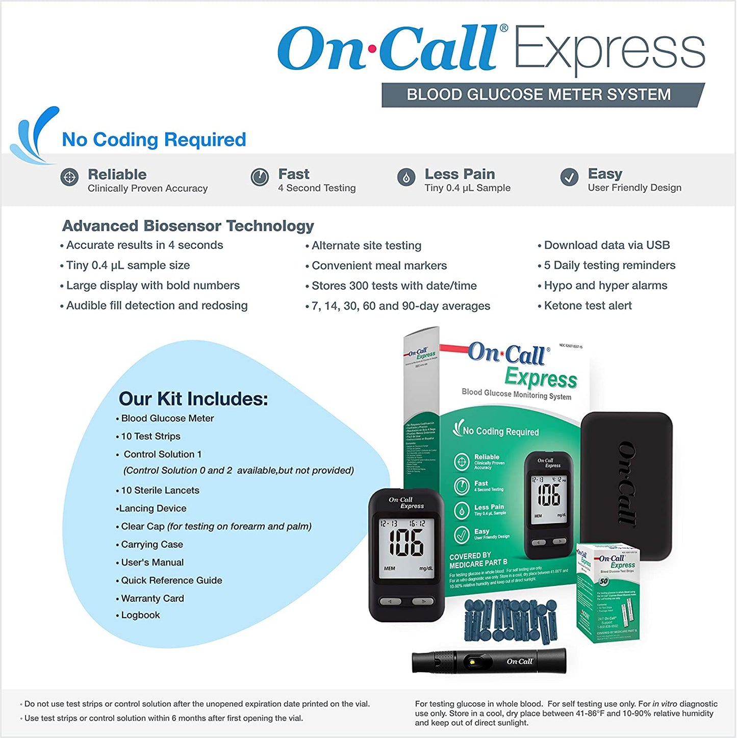 On Call Express Blood Glucose Monitoring System Advanced Biosensor Technology (Blood Glucose Meter, 10 Test Strips, 1 Control Solution, Lancing Device, Clear Cap & Carrying Case)