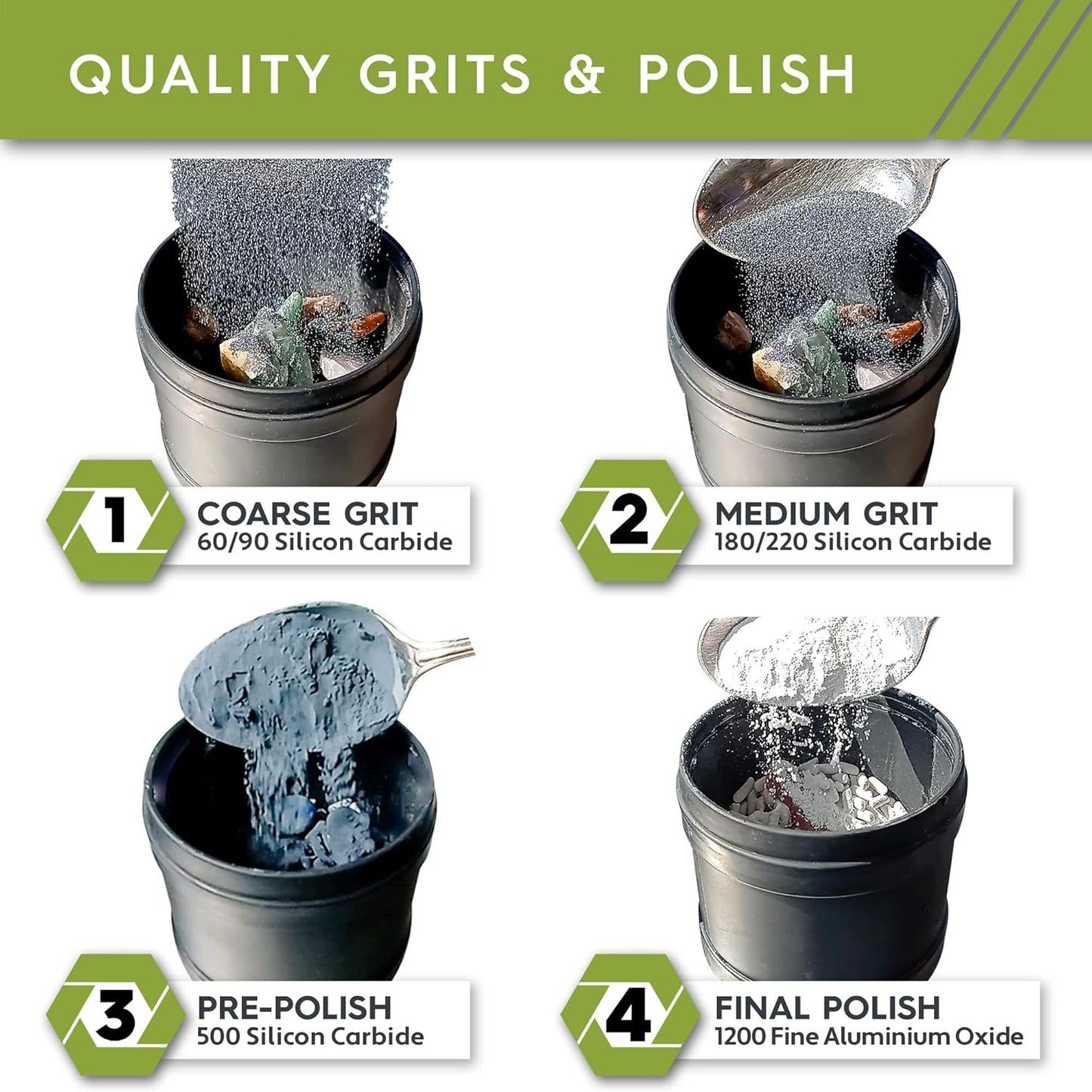 Polly Plastics Rock Grit and Ceramic Media Rock Tumbling, Set of 5