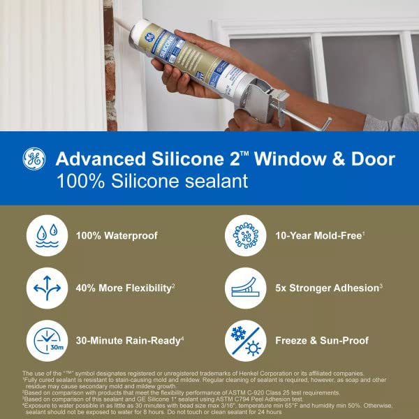 GE Sealants Advanced Silicone 2 for Window & Door Projects 100% Waterproof, 10.1 fl.oz / 299ml