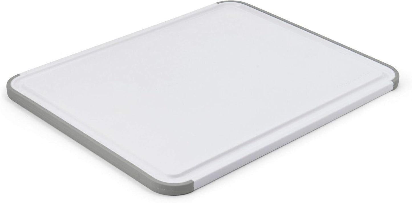 KitchenAid Classic Plastic Cutting Board With Perimeter Trench And Non Slip Edges, Dishwasher Safe, 11 X 14 inch, White And Gray