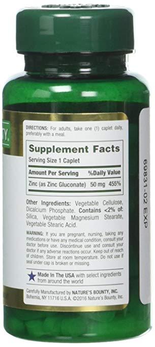 Nature's Bounty Zinc 50 mg, Support Immune System Function 100 Caplets