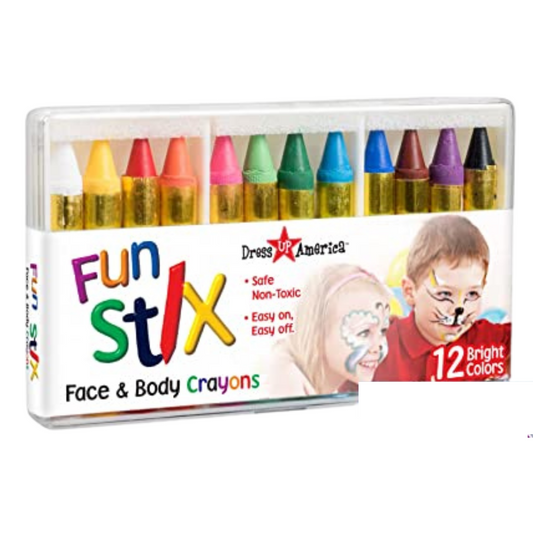 Dress Up America Fun Stix Face & Body Crayons Safe Non-Toxic Easy On & Off 12 Bright Colors