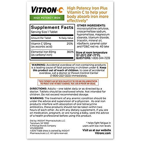 Vitron-C High Potency Iron Supplement with Vitamin C | 60 Count