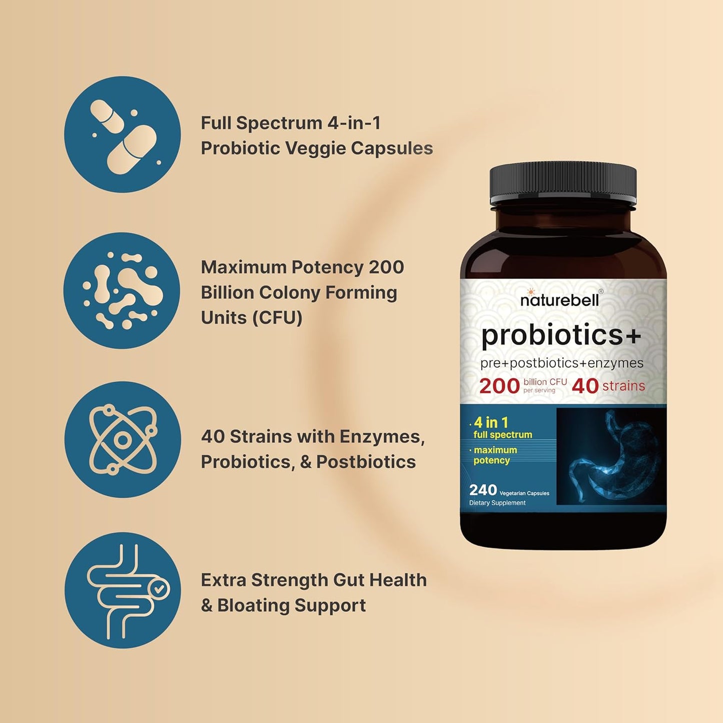 Naturebell Probiotics + pre + postbiotics + enzymes Dietary Supplement, 240 Vegetarian Capsules