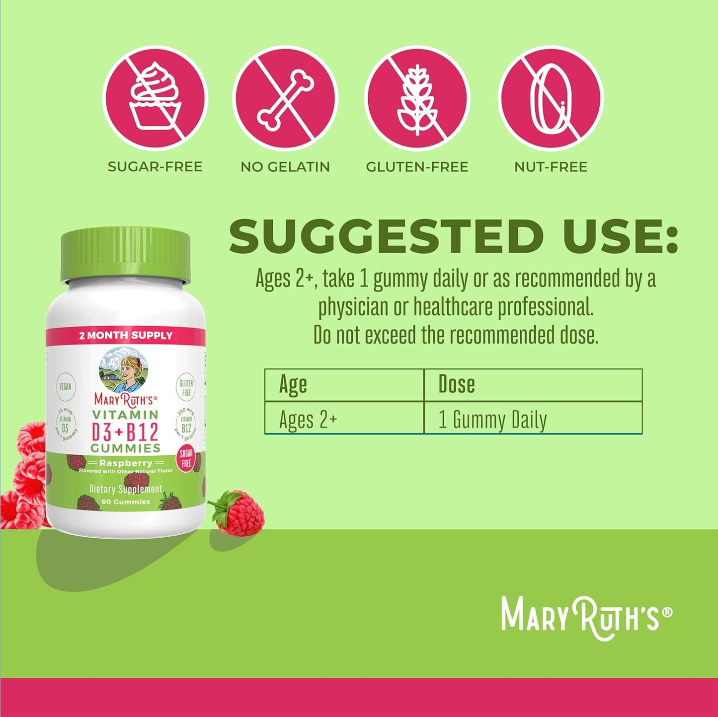 Mary Ruth's Vitamin D3 + B12 Gummies Raspberry, 60 Gummies
