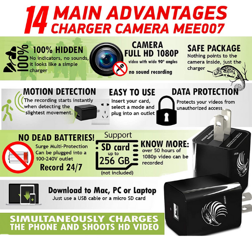 DivineEagle Surveillance USB Charger Camera Full HD 1080p, 90 Degree View