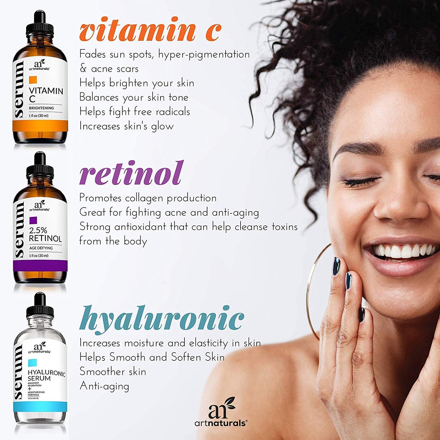 ArtNaturals Anti-Aging Set with Vitamin-C Retinol and Hyaluronic-Acid  (3 x 1 fl oz) Serum