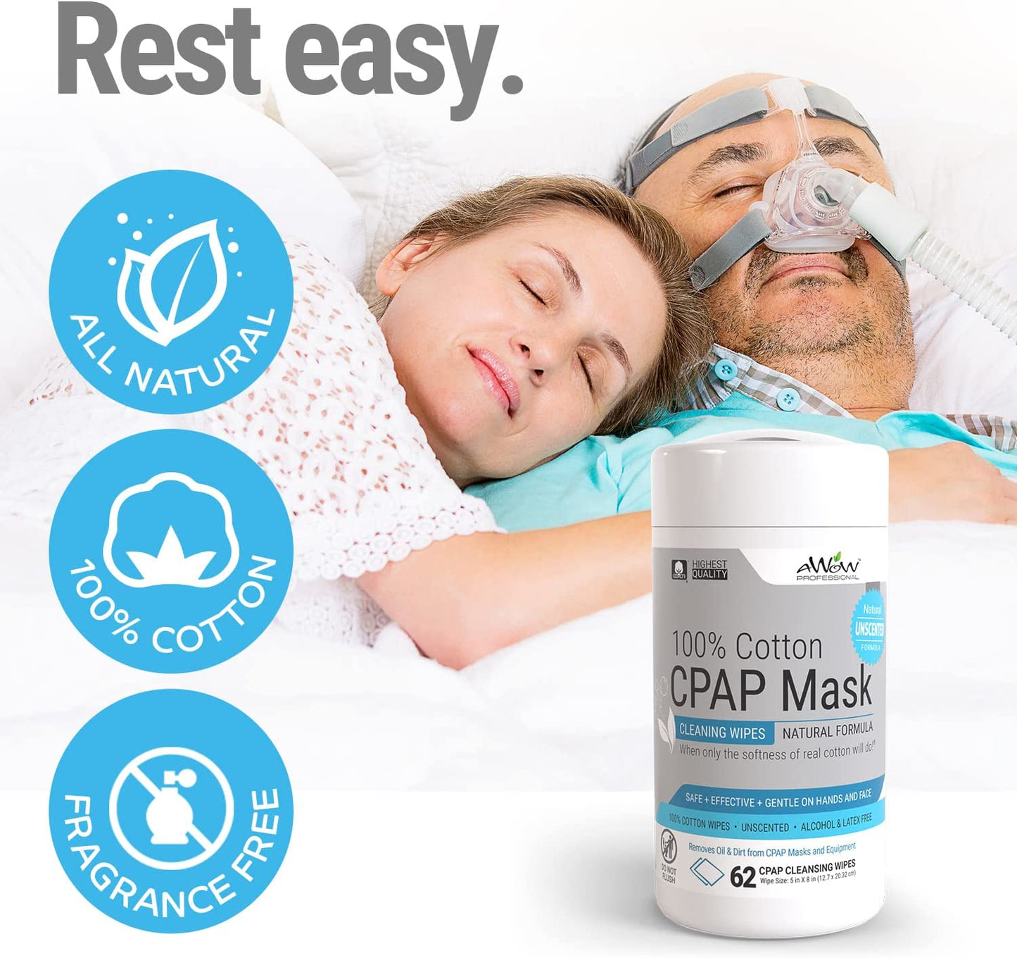 AWow Professional 100% Cotton Cpap Mask Unscented Cleaning Wipes 62Count
