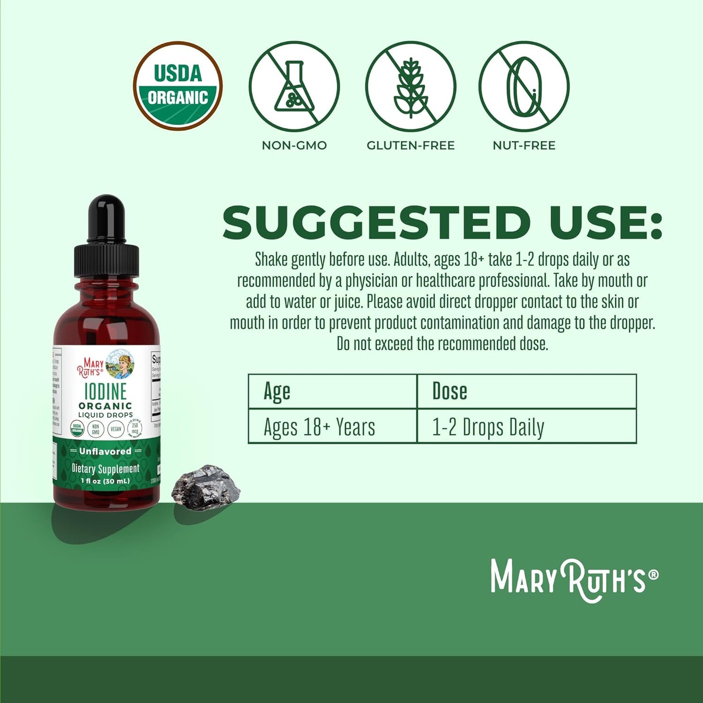 Mary Ruth's Iodine Organic Liquid Drops for Thyroid Support Unflavored, 30 ml / 1 fl oz