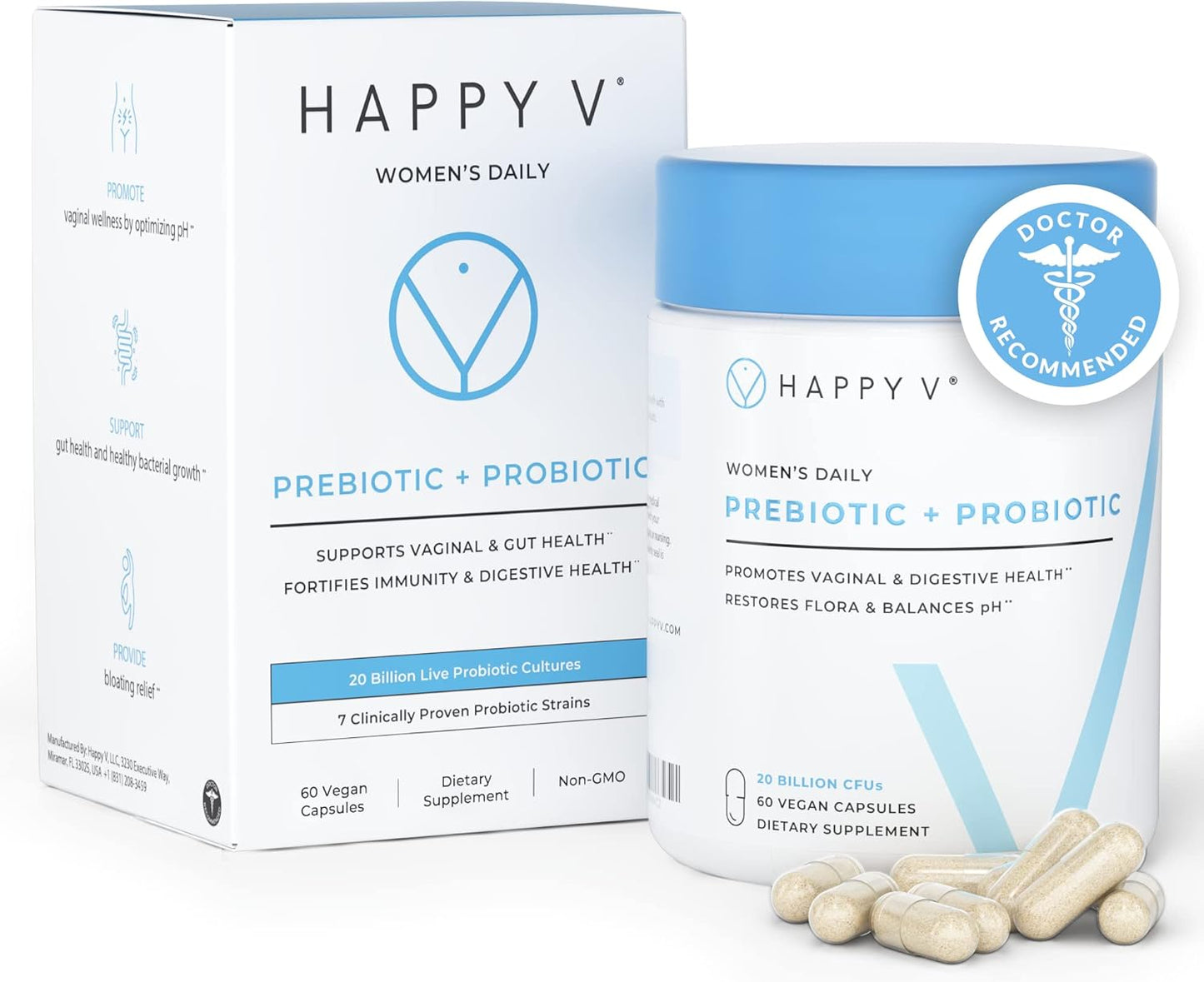Happy V Women's Daily Prebiotic + Probiotic Dietary Supplement, 60 Vegan Capsules