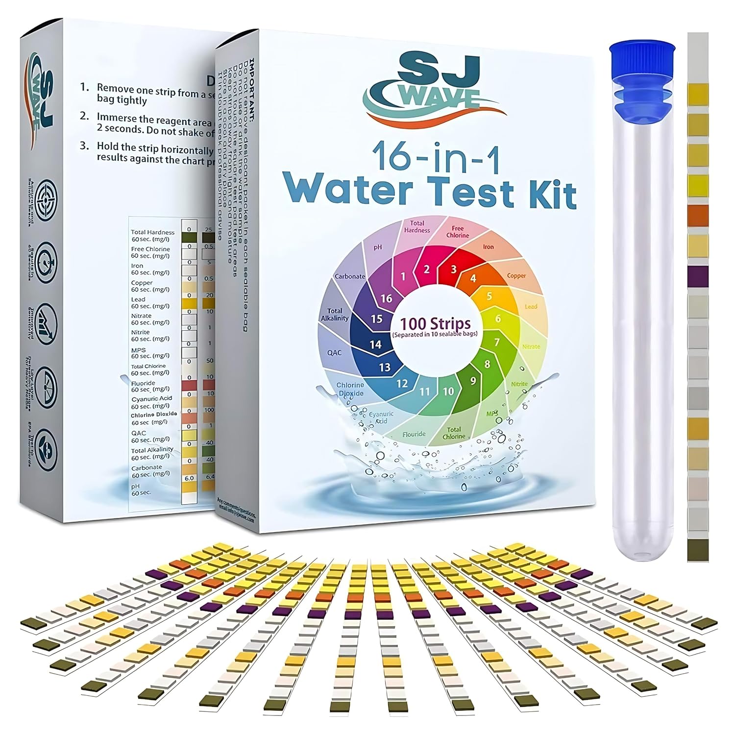 Sj Wave 16 In 1 Water Test KIt 100 Strips (Separated In 10 Resealable ...