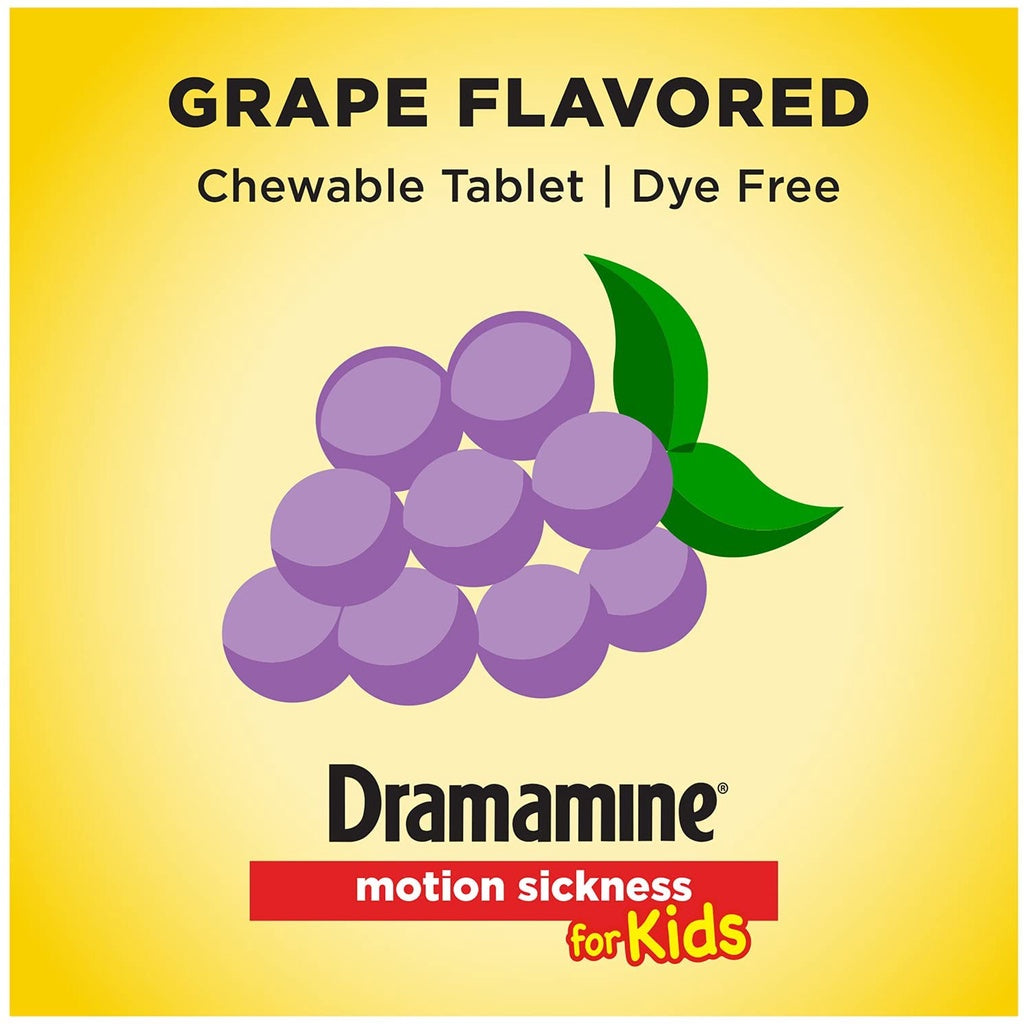 Dramamine Motion Sickness Relief for Kids, Grape Flavor, 8 Chewable Tablets PACKAGING MAY VARY