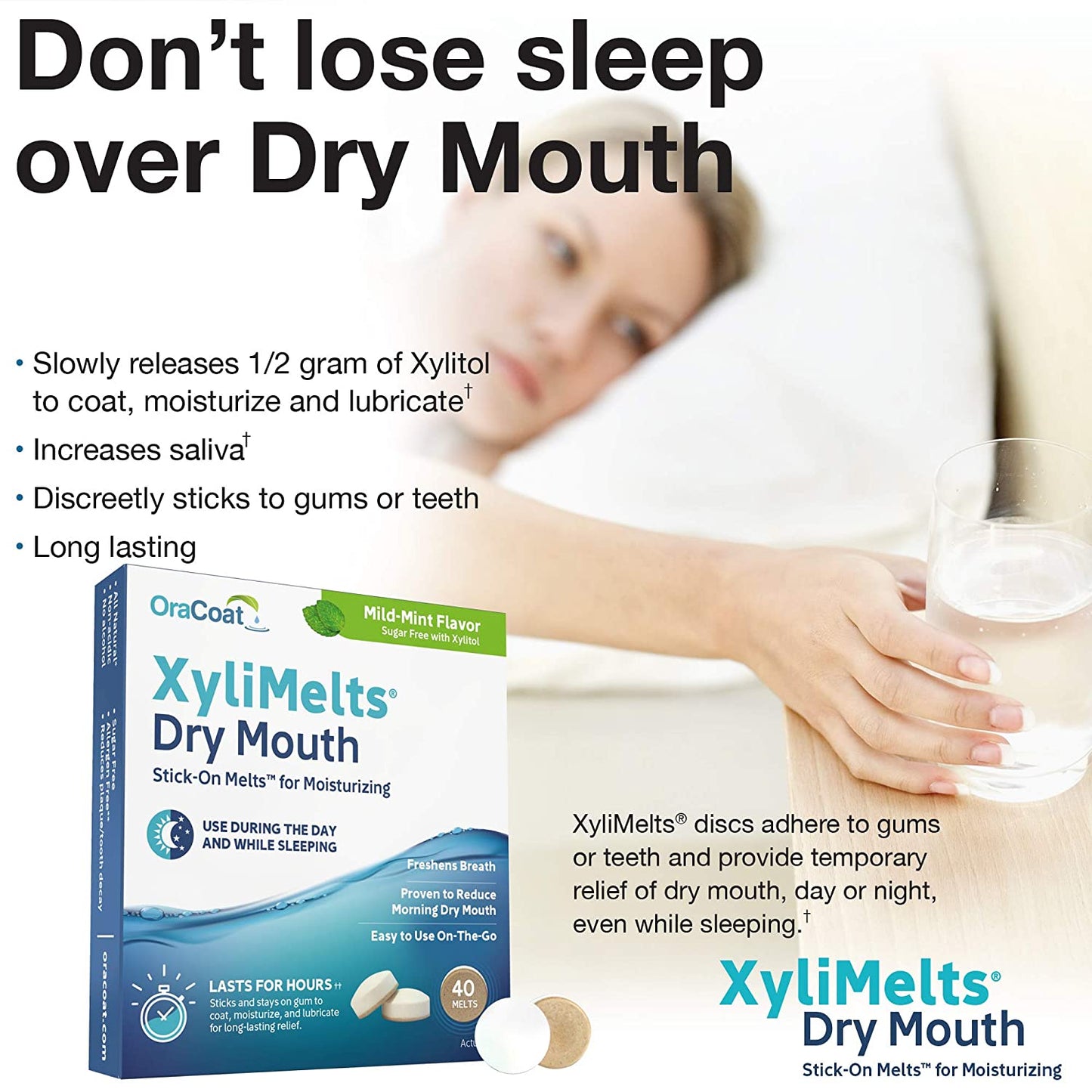 OraCoat XyliMelts Dry Mouth Stick-On Melts for Moisturizing Mild-MInt Flavor Sugar Free with Xylitol, 40 Melts