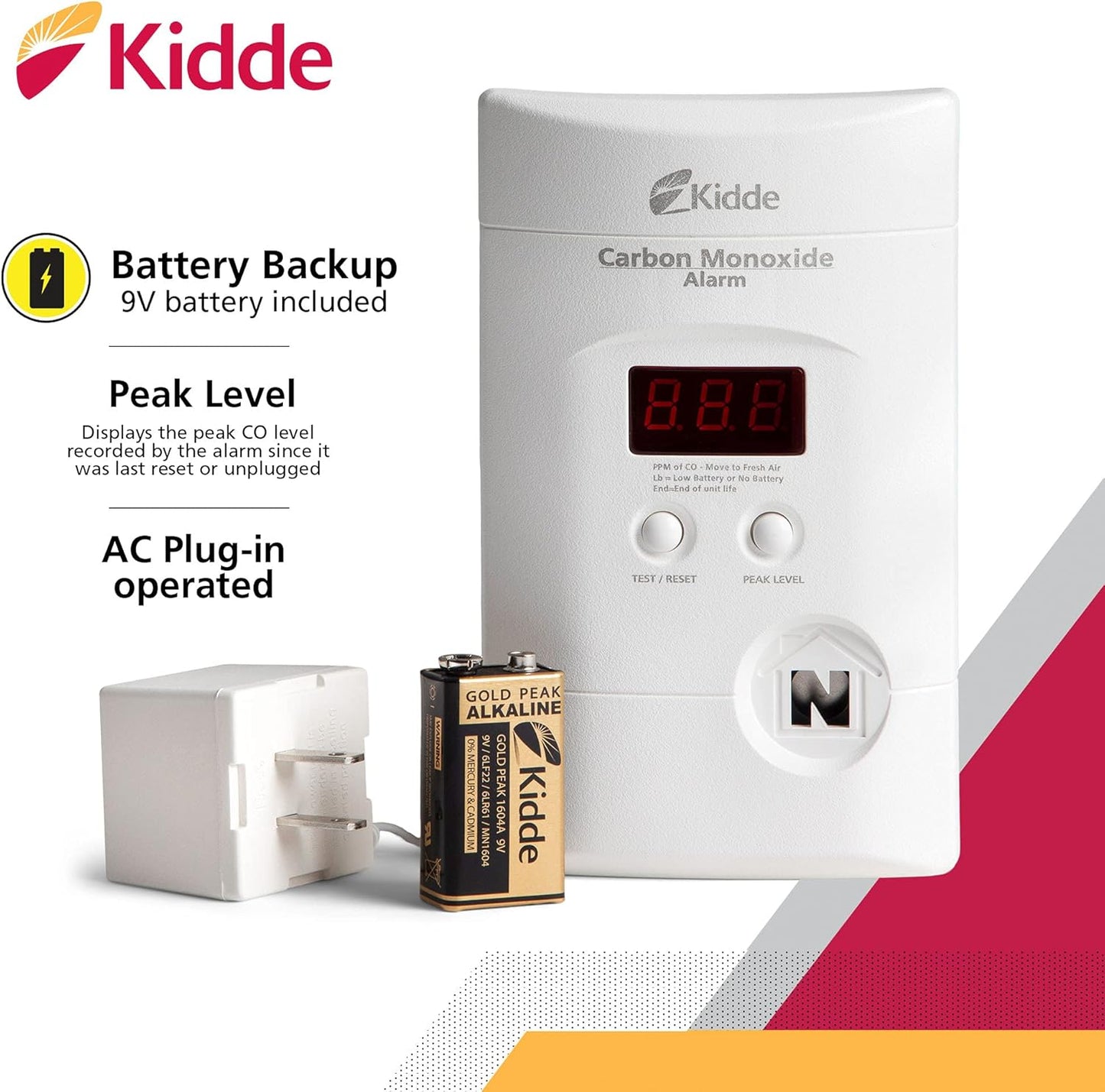 Kidde Carbon Monoxide Alarm Plug-In CO Alarm with Digital Display, KN-COPP-3