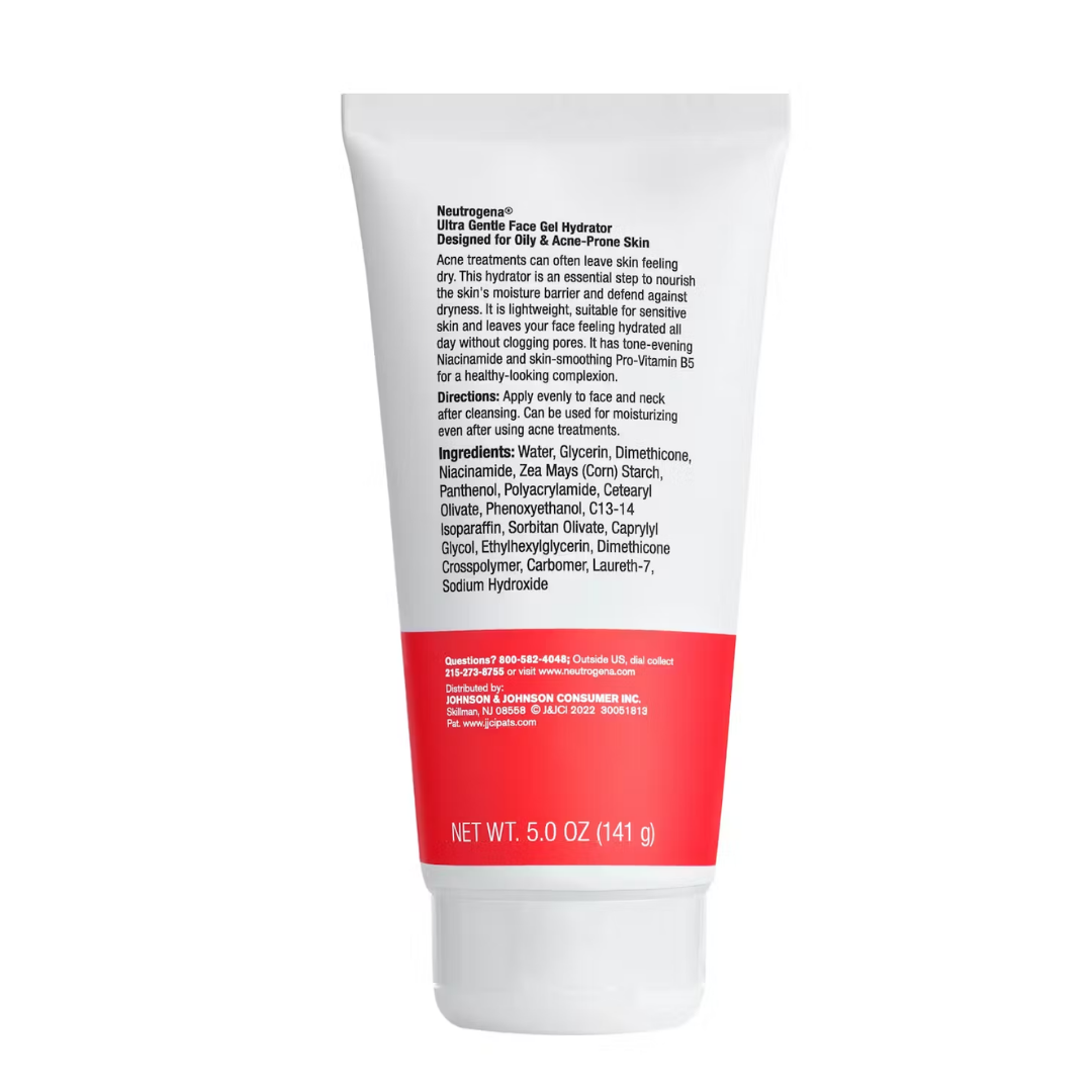 Neutrogena Ultra Gentle Face Gel Hydrator For Acne Prone Skin, Fragrance Free, 5.0 oz / 141g