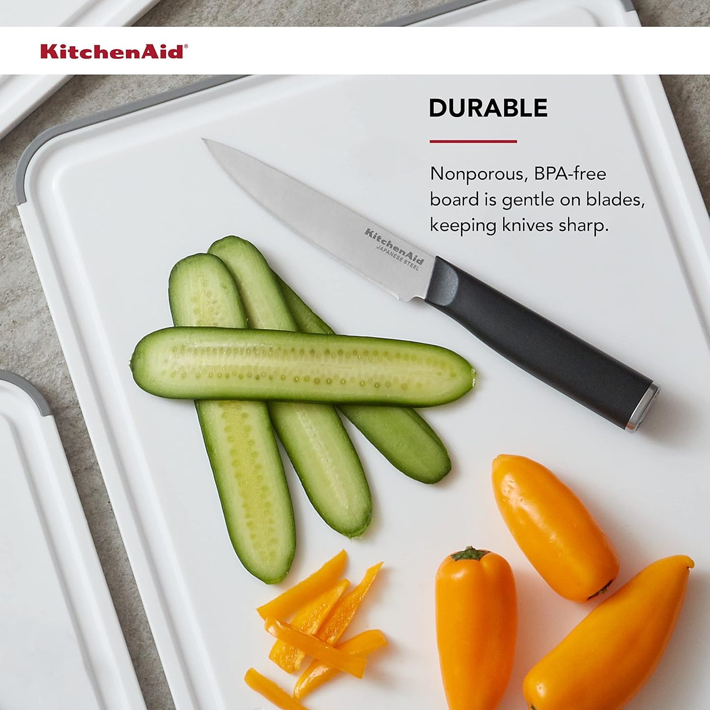 KitchenAid Classic Plastic Cutting Board With Perimeter Trench And Non Slip Edges, Dishwasher Safe, 11 X 14 inch, White And Gray