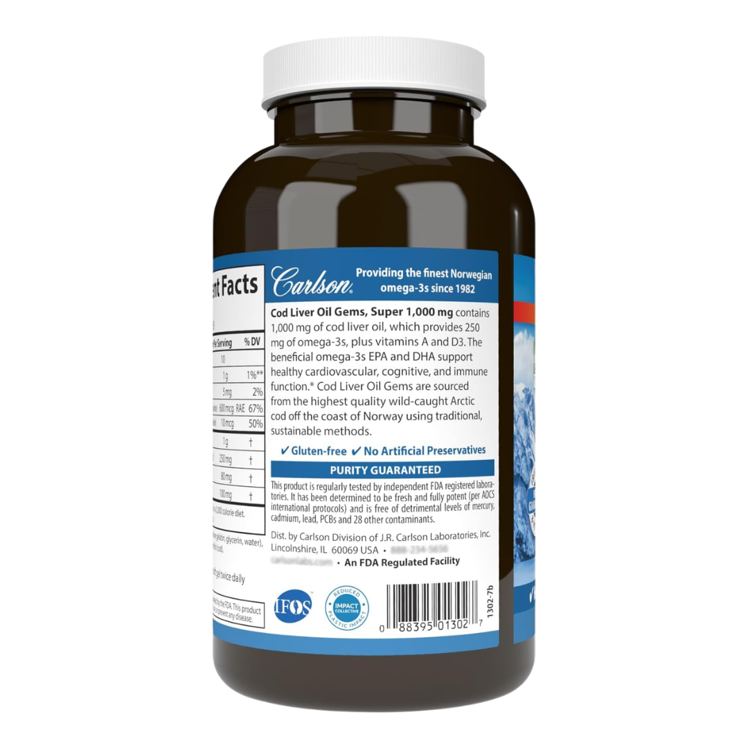 Carlson Wild Norwegian Cod Liver Oil Gems Super 1,000 mg with 10 mcg (400 IU) D3, 250 Soft Gels