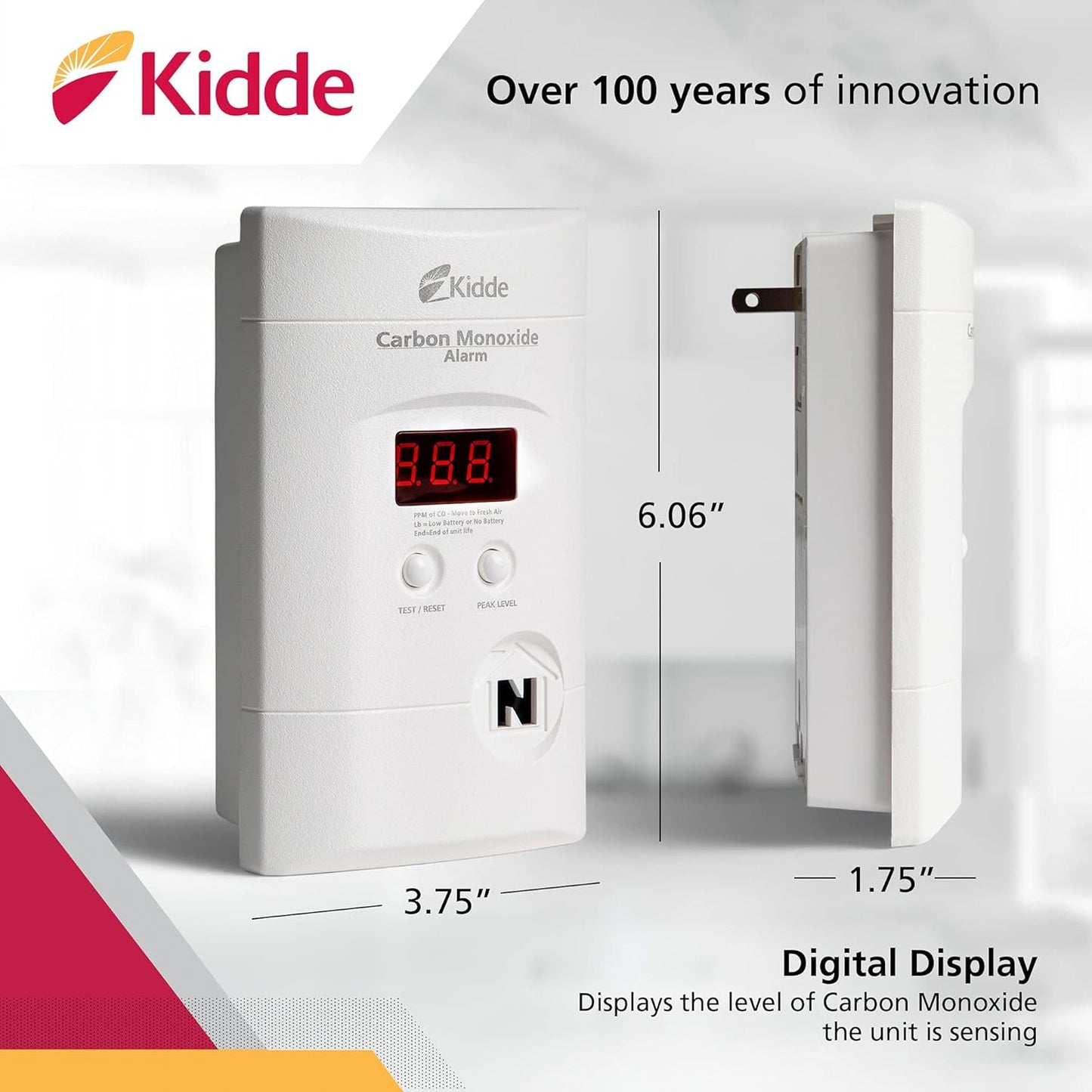 Kidde Carbon Monoxide Alarm Plug-In CO Alarm with Digital Display, KN-COPP-3