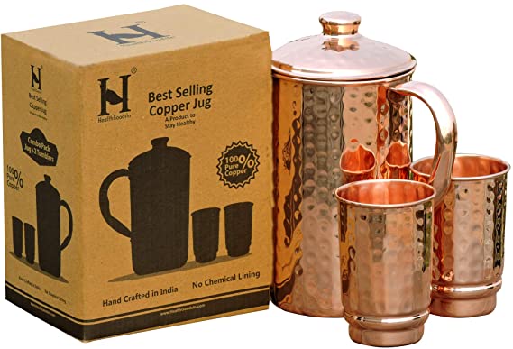Health Goods In Pure Copper Hammered Water Jug, 2 Hammered Copper Tumblers, Copper Pitcher 1.5 L