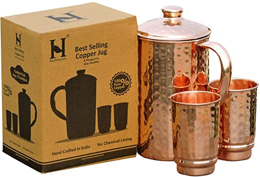 Health Goods In Pure Copper Hammered Water Jug, 2 Hammered Copper Tumblers, Copper Pitcher 1.5 L
