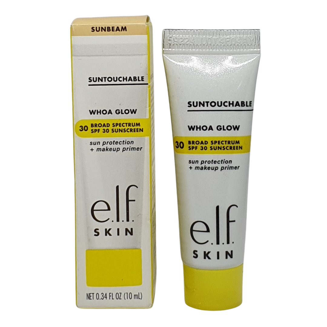Trial Size E.L.F Suntouchable Whoa Glow Primer SPF 30 Sheer Peach Shimmer, 10 ml