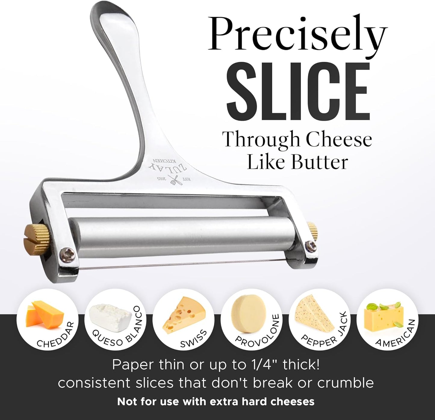 Zulay Kitchen Stainless Steel Wire Cheese Slicer Adjustable Hand Held Cheese Cutter with 2 Extra Wires