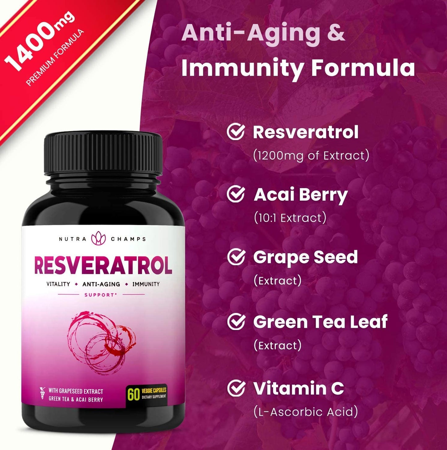 NutraChamps Resveratrol Supplement with Grapeseed, Green Tea and Acai Berry Extract, 60 Veggie Capsules