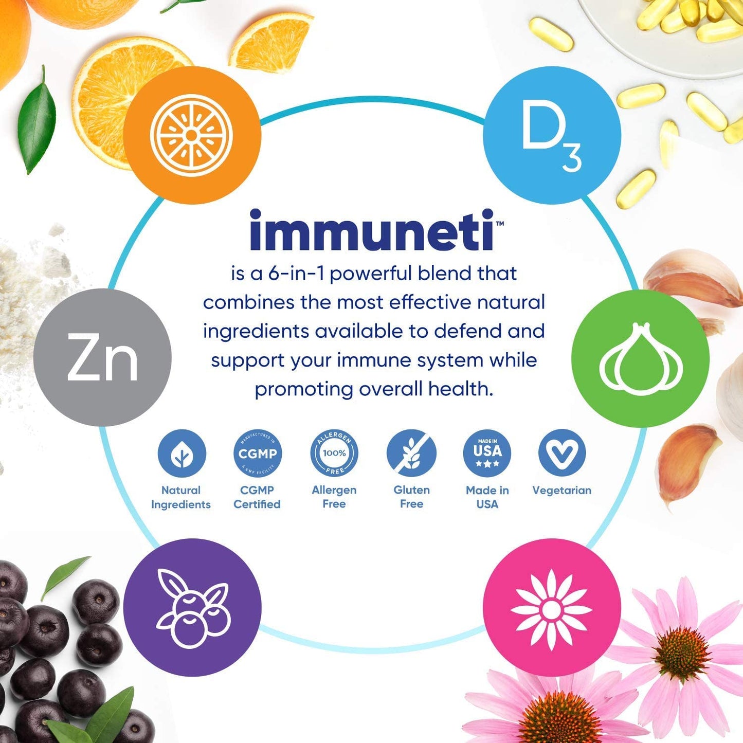 Immuneti Advanced Vitamin C, Zinc, Vitamin D3, Garlic Bulb, Elderberry, Echinacea, 60 Vegetarian Capsules