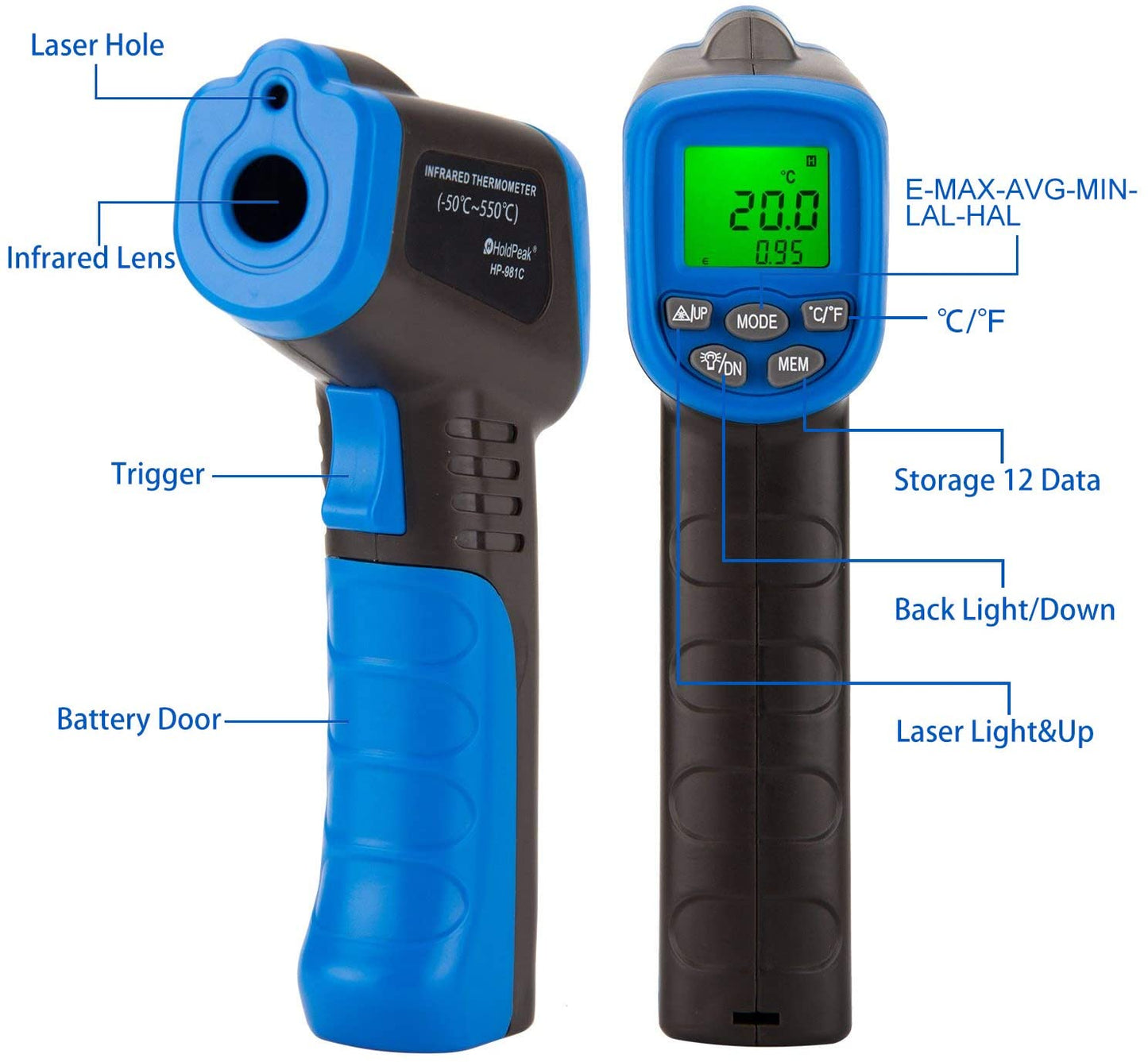 HOLDPEAK HP-981C Non Contact Digital Laser Infrared Thermometer Temperature Gun (-50 to 550℃) with 9V Battery