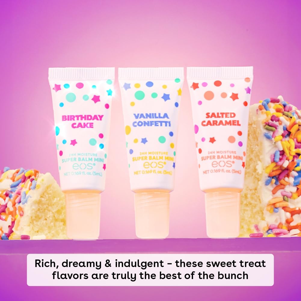 EOS Creme De La Creme Super Balm Minis Vanilla Confetti, Birthday Cake, Salted Caramel, 5ml / 0.169 fl. oz.
